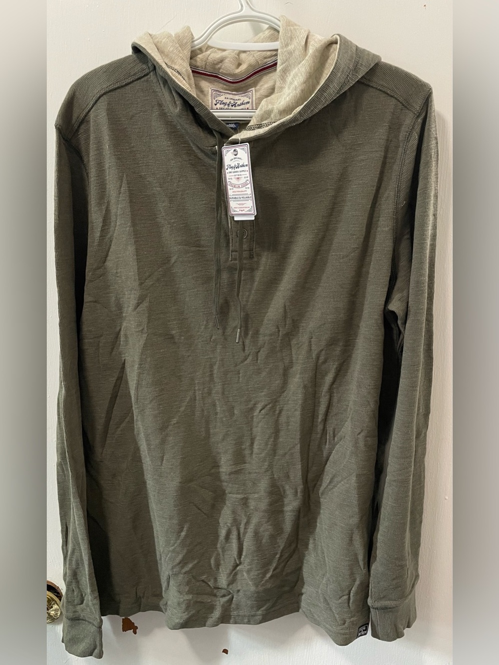 Flag & Anthem Men's Army Green Waffle-knit Hoodie Pullover Top Size Medium Tall